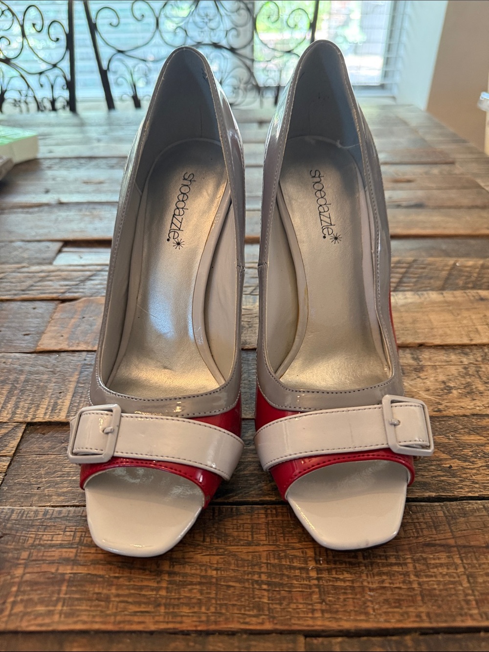Shoe Dazzle Red and White Peep-Toe Buckle Heels